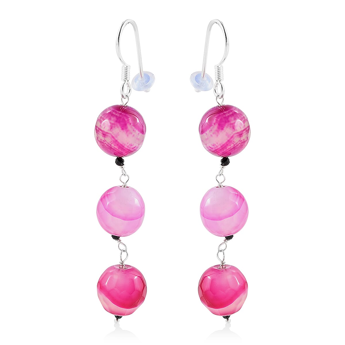 Pink Agate and Thai Black Spinel Dangle Earrings in Sterling Silver 75.85 ctw
