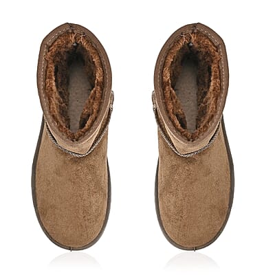 Brown Faux Suede Water Repellent Short Boots with Faux Fur Lining - (Size 10-10.5)
