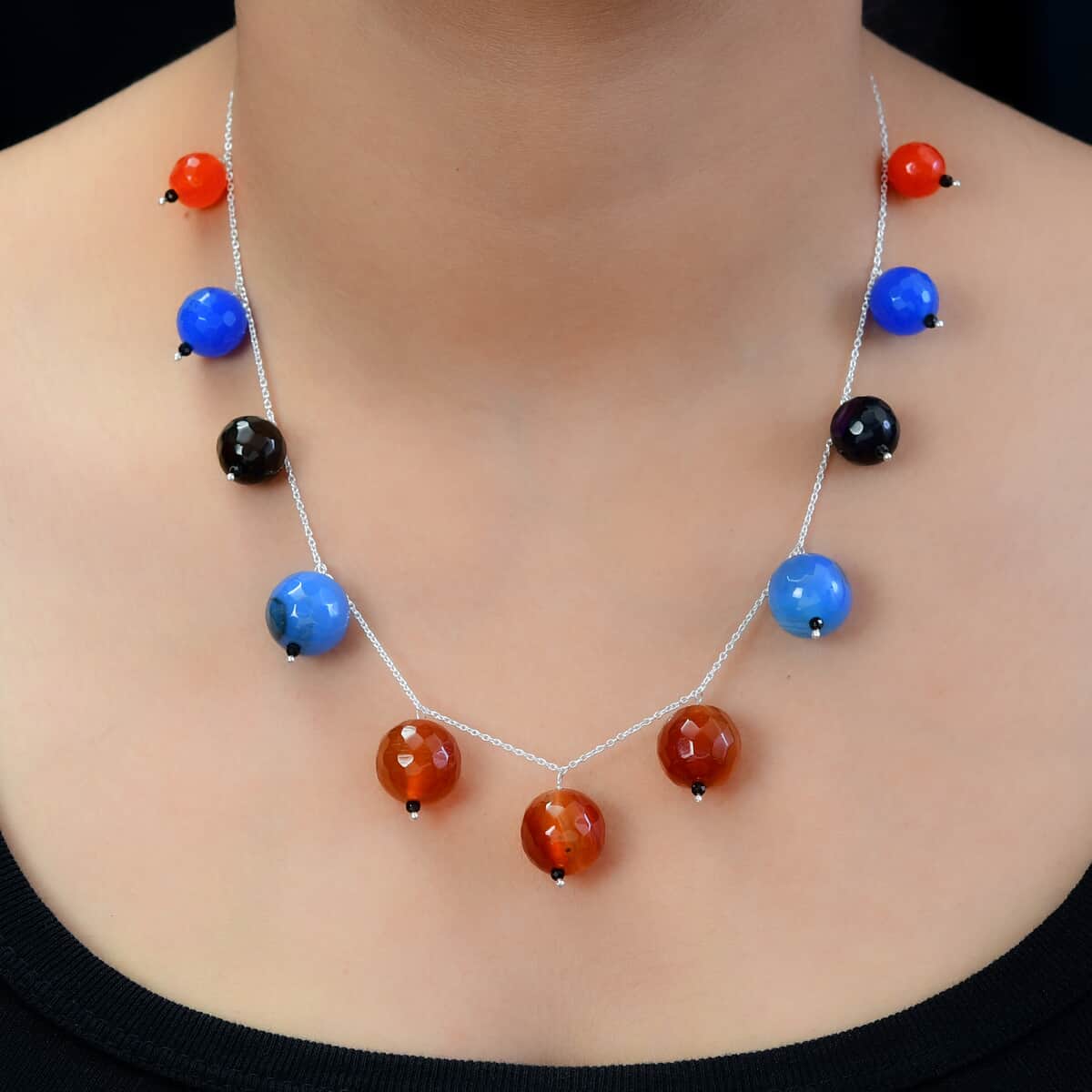 Multi Color Agate and Thai Black Spinel Necklace 18 Inches in Sterling Silver 127.90 ctw image number 2