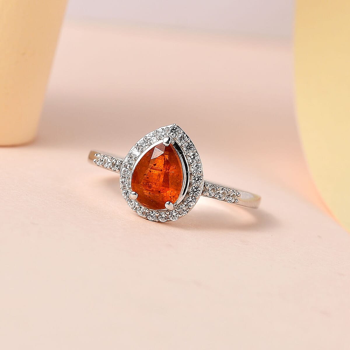 Tangerine Kyanite and White Zircon Halo Ring in Platinum Over Sterling Silver (Size 6.0) 1.85 ctw image number 1