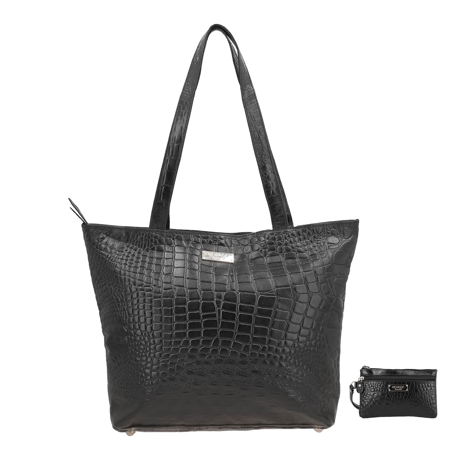 Buy Newage Black Genuine Leather Croco Embossed Tote Bag with Dual