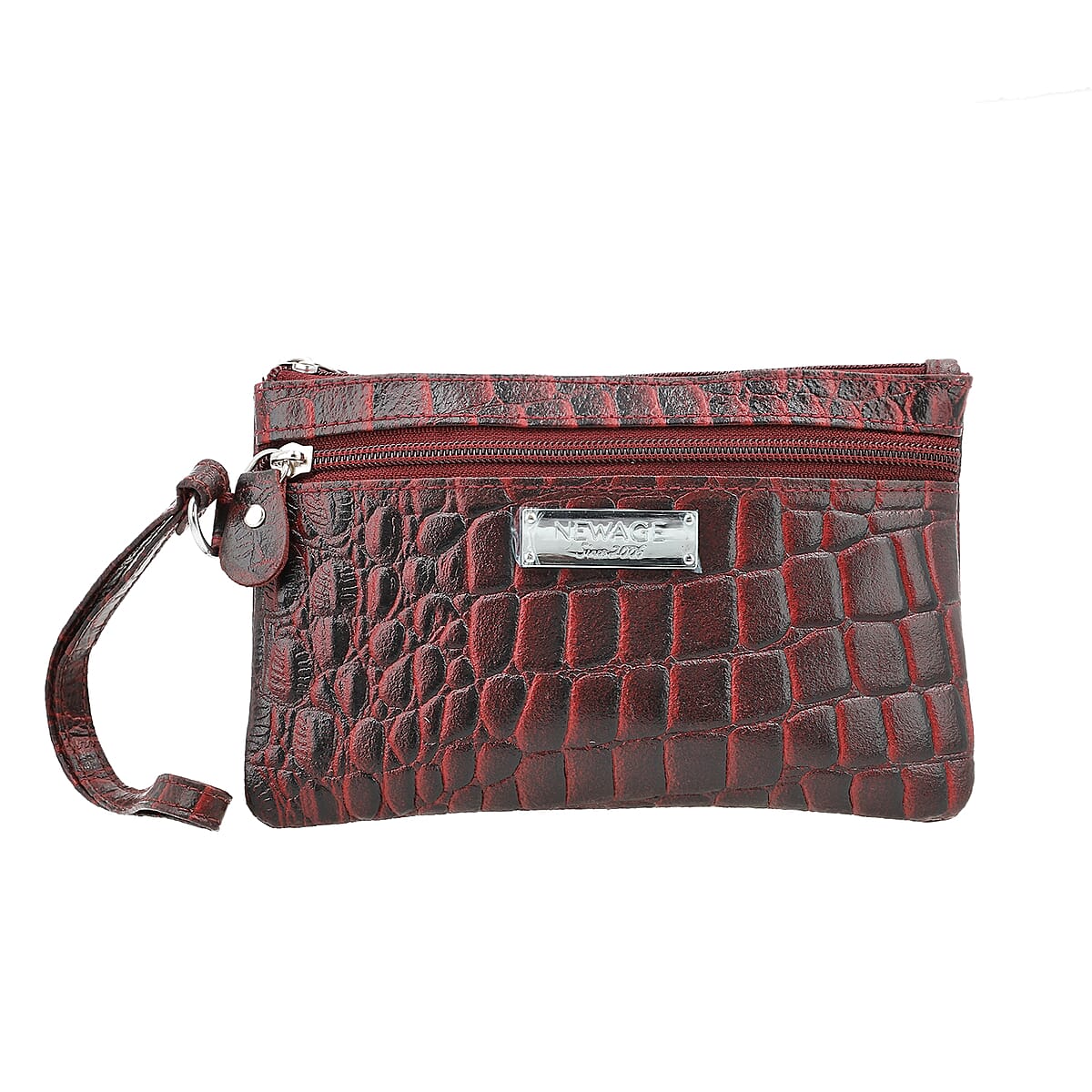 NEWAGE 100% Genuine Leather Croco Embossed Tote Bag with Dual Zipper Wristlet Pouch SIZE: 16.55(L)x3.55(W)x11.80(H) inches COLOR: Black image number 4