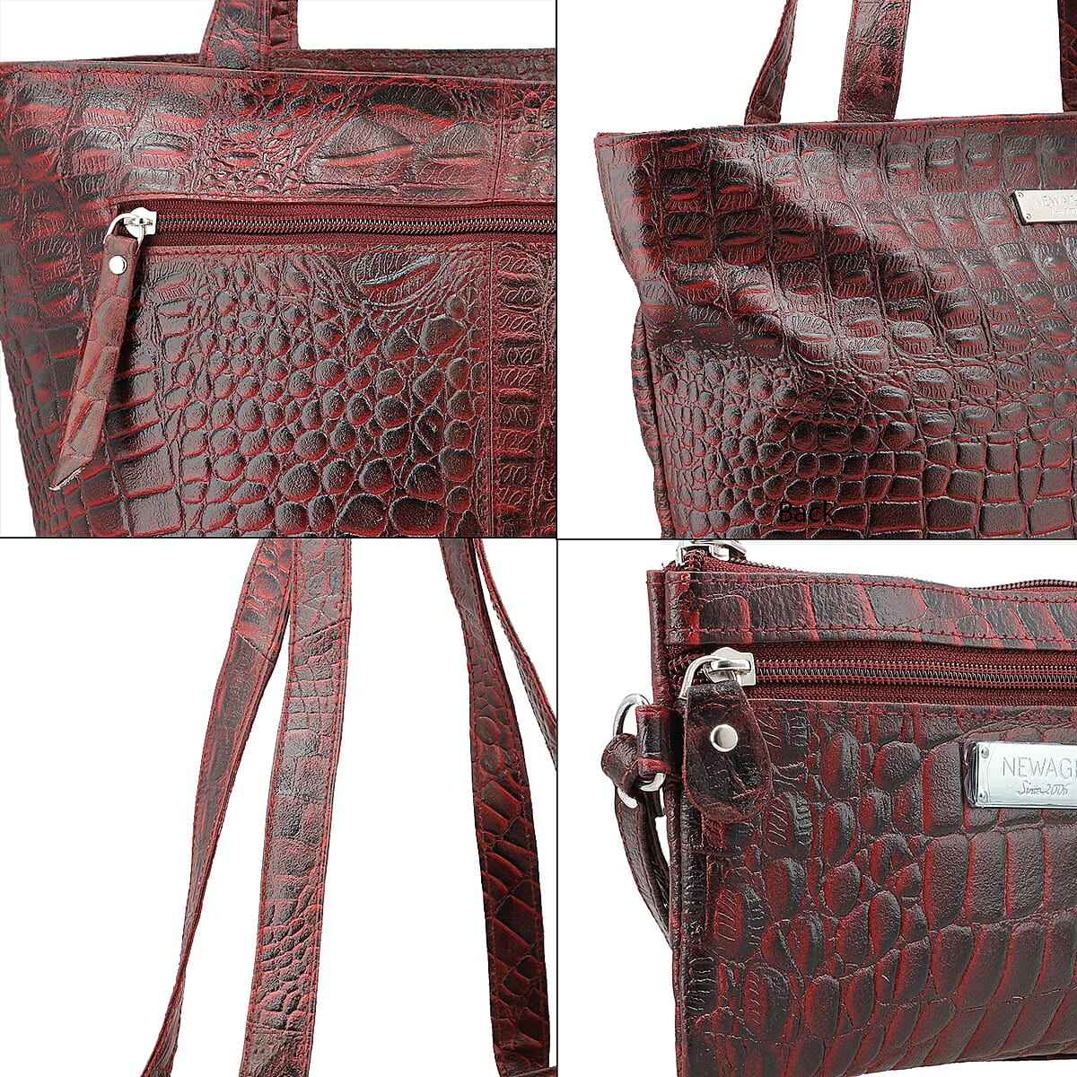 NEWAGE 100% Genuine Leather Croco Embossed Tote Bag with Dual Zipper Wristlet Pouch SIZE: 16.55(L)x3.55(W)x11.80(H) inches COLOR: Black image number 7