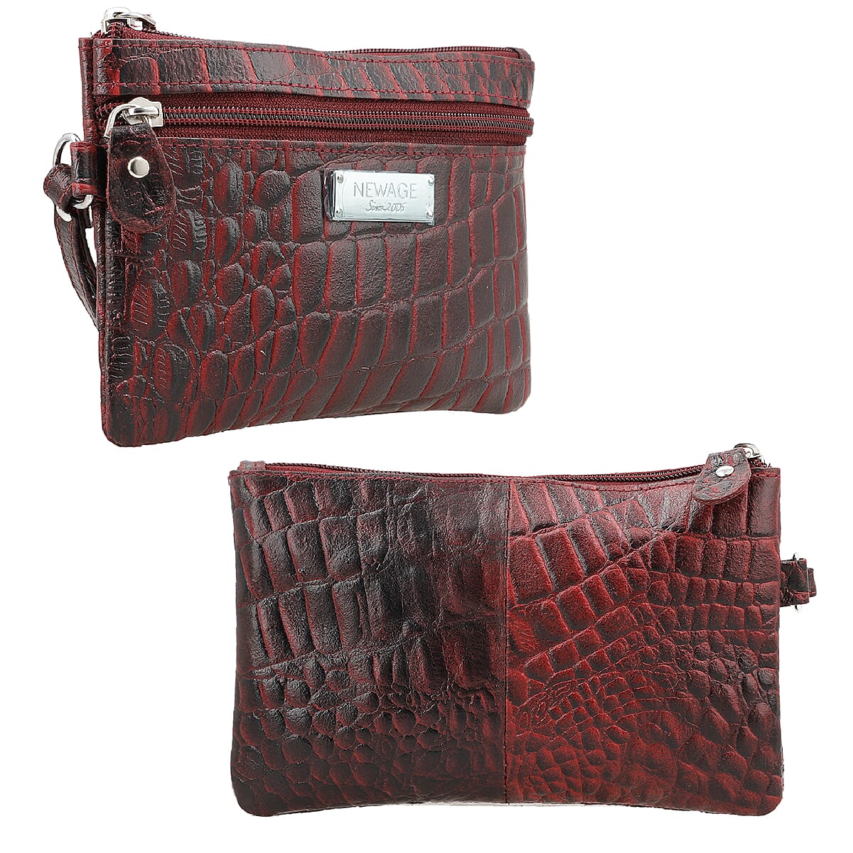 NEWAGE 100% Genuine Leather Croco Embossed Tote Bag with Dual Zipper Wristlet Pouch SIZE: 16.55(L)x3.55(W)x11.80(H) inches COLOR: Black image number 8