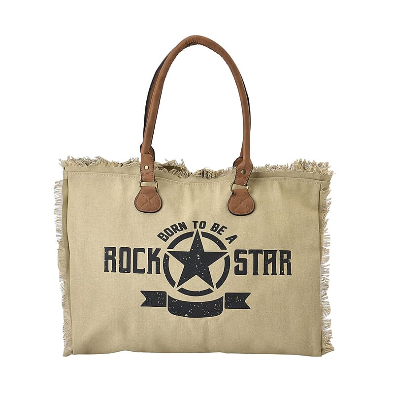 Khaki Color Canvas Tote Bag with Faux Leather Handle Strap