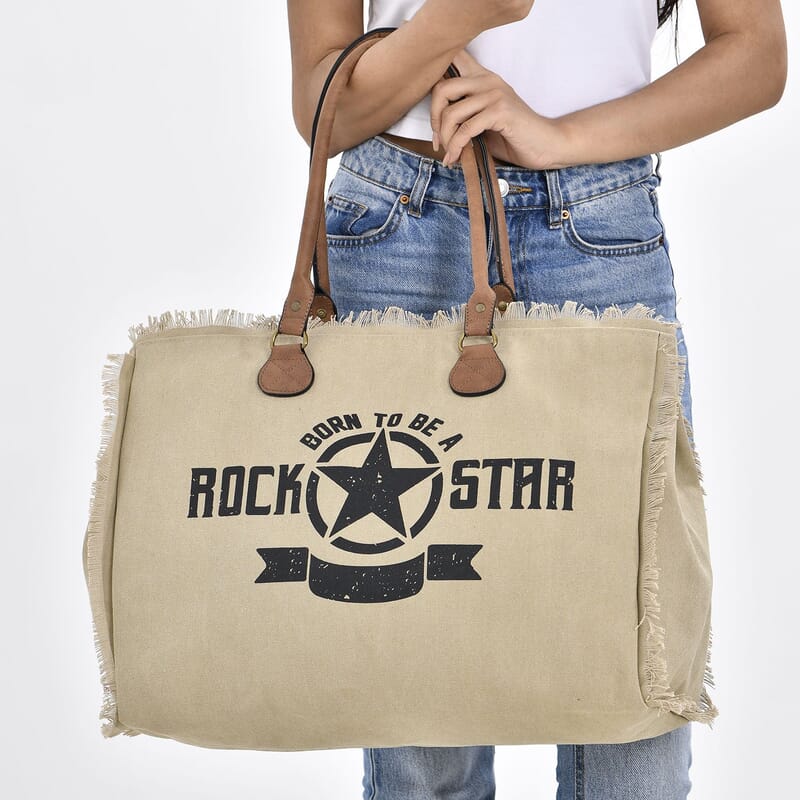Khaki Color Canvas Tote Bag with Faux Leather Handle Strap