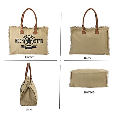 Khaki Color Canvas Tote Bag with Faux Leather Handle Strap