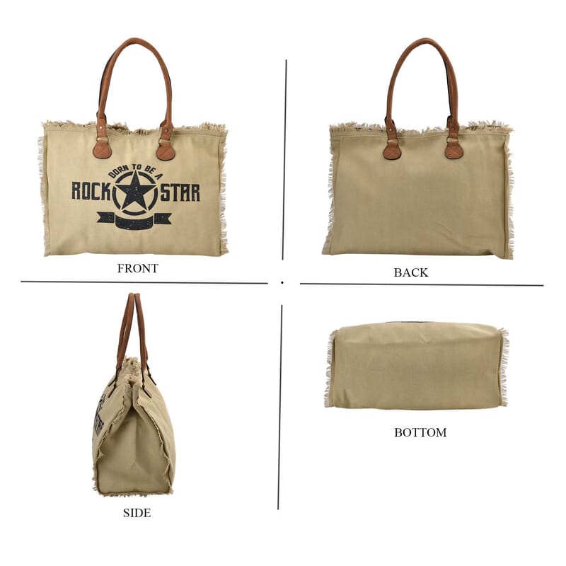 Khaki Color Canvas Tote Bag with Faux Leather Handle Strap