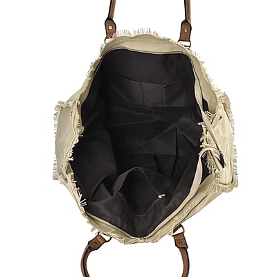 Khaki Color Canvas Tote Bag with Faux Leather Handle Strap