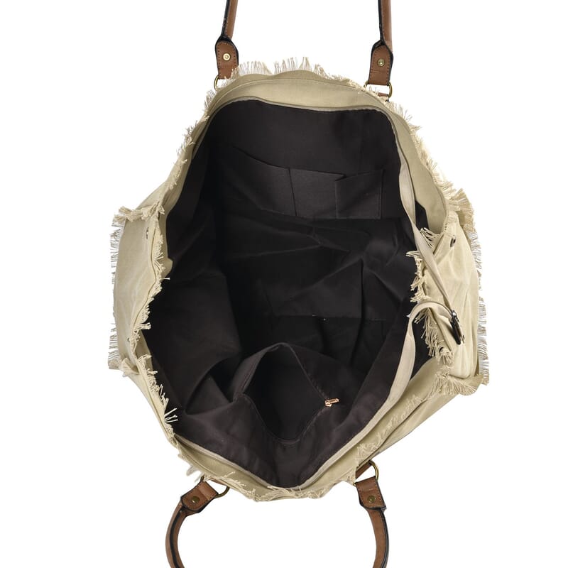 Khaki Color Canvas Tote Bag with Faux Leather Handle Strap