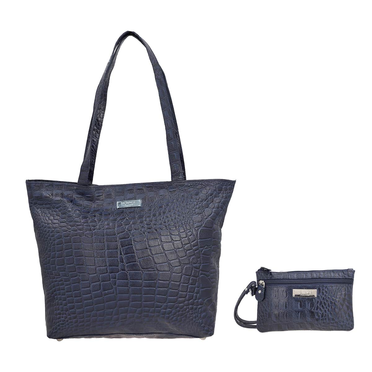 Newage Navy Genuine Leather Croco Embossed Tote Bag with Dual Zipper Wristlet Pouch image number 0