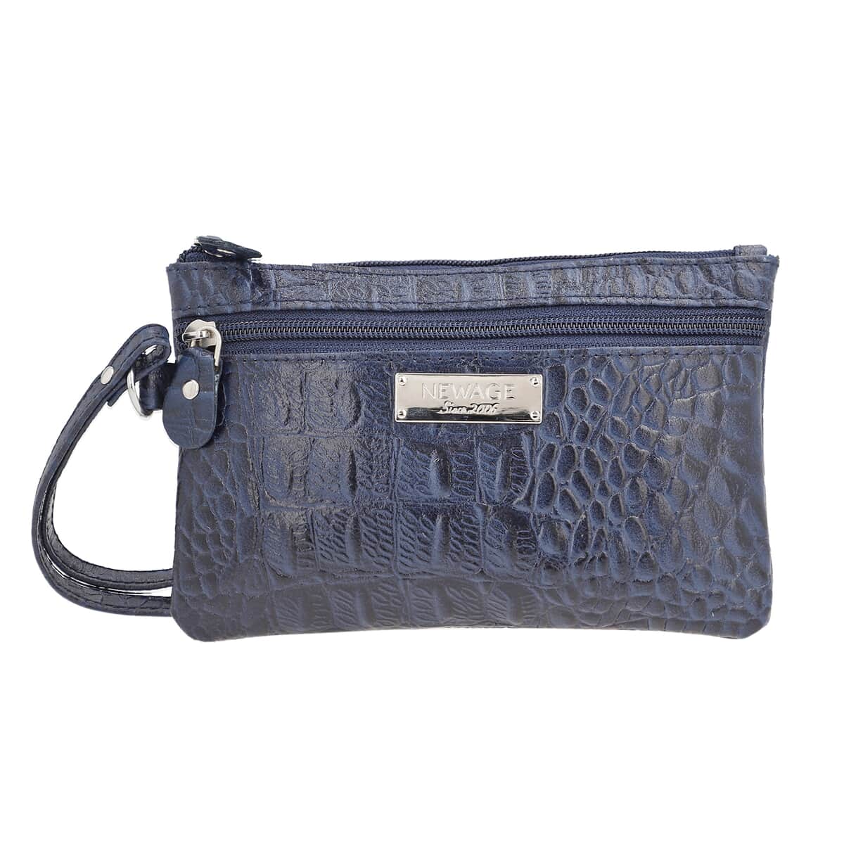 Newage Navy Genuine Leather Croco Embossed Tote Bag with Dual Zipper Wristlet Pouch image number 4