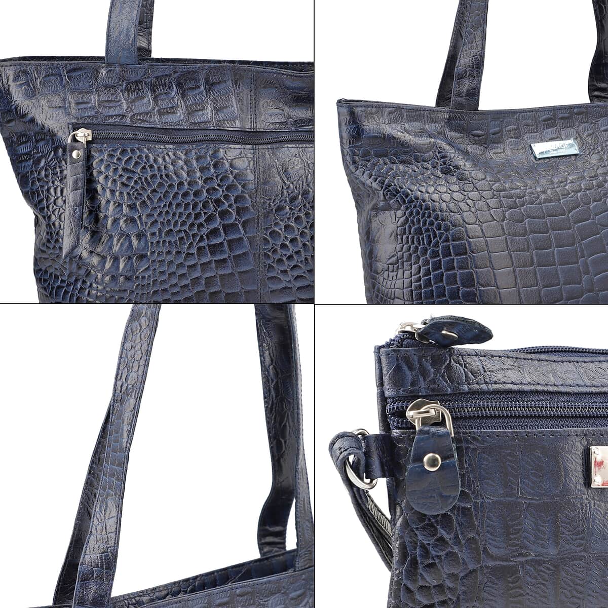 Newage Navy Genuine Leather Croco Embossed Tote Bag with Dual Zipper Wristlet Pouch image number 7