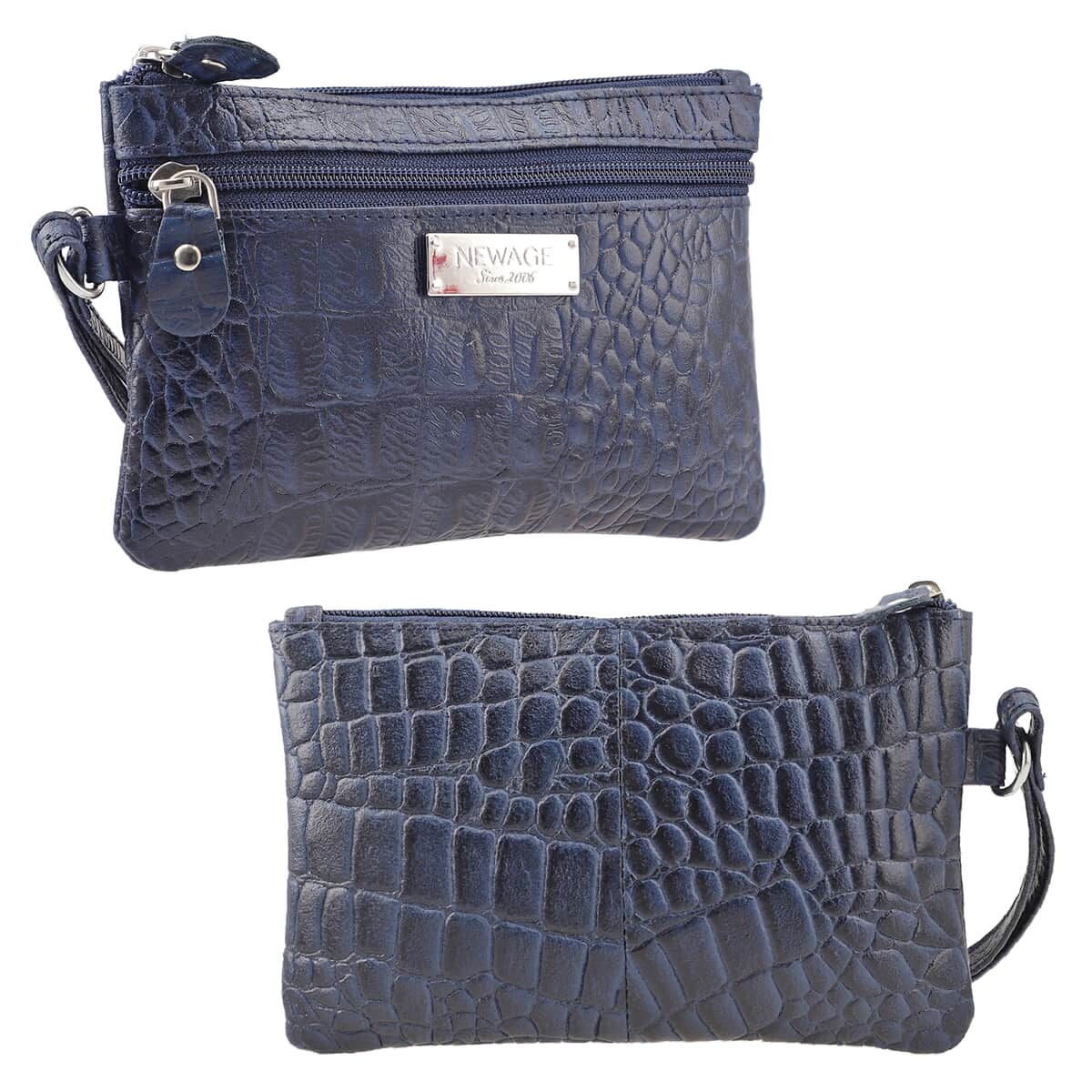 Newage Navy Genuine Leather Croco Embossed Tote Bag with Dual Zipper Wristlet Pouch image number 8