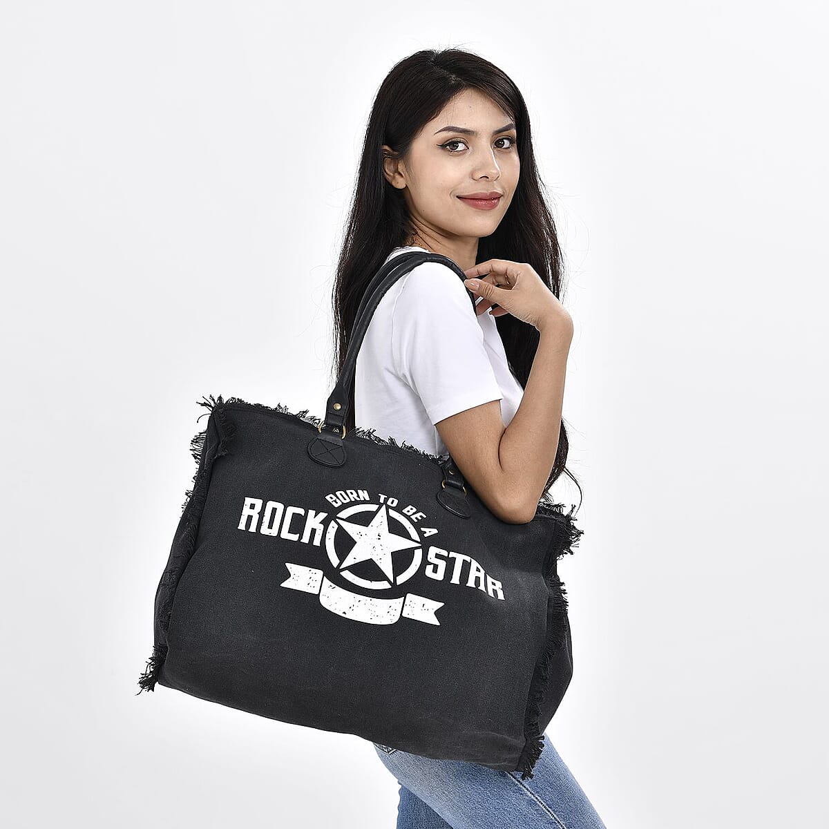 Black Color Canvas Tote Bag with Faux Leather Handle Strap image number 1
