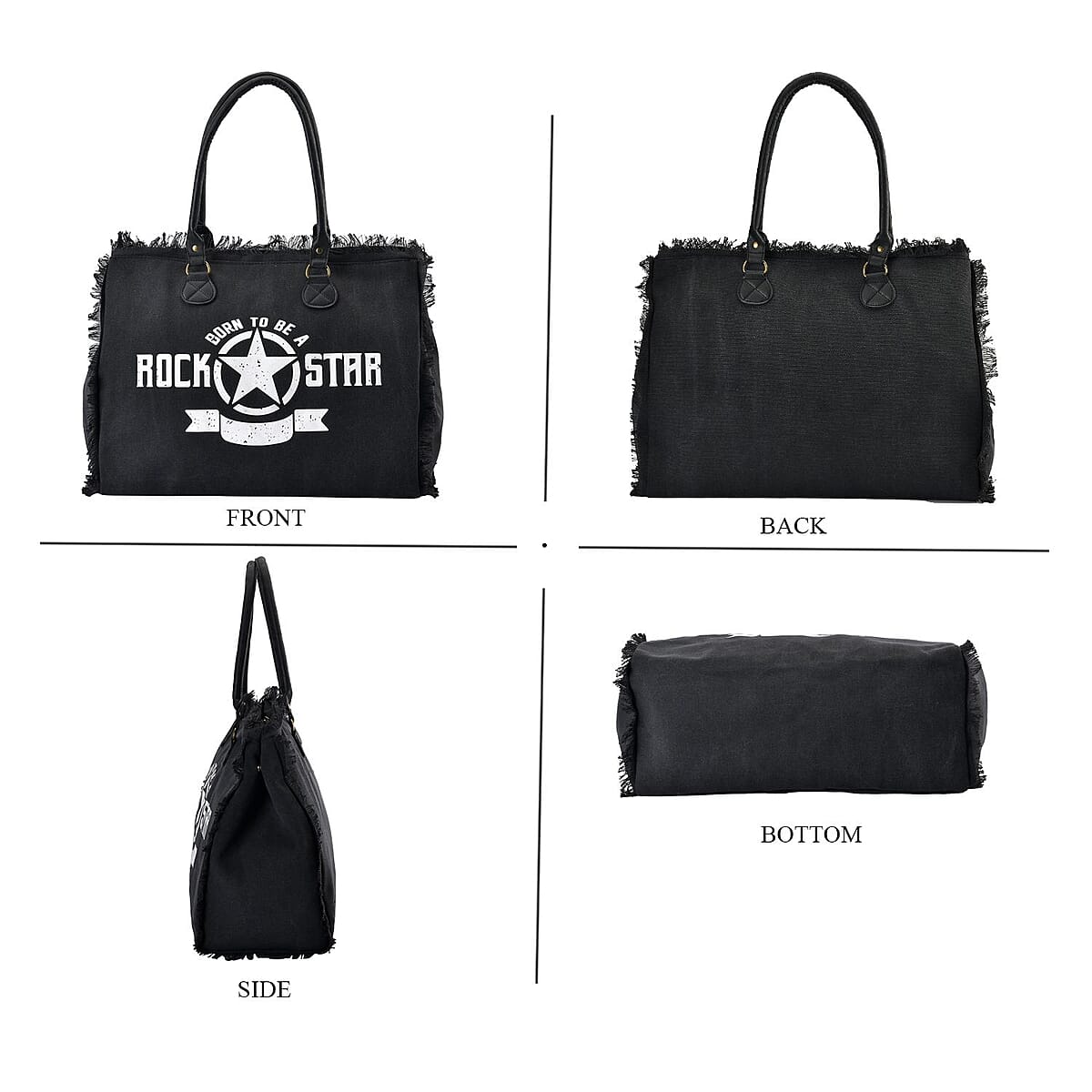 Black Color Canvas Tote Bag with Faux Leather Handle Strap image number 3