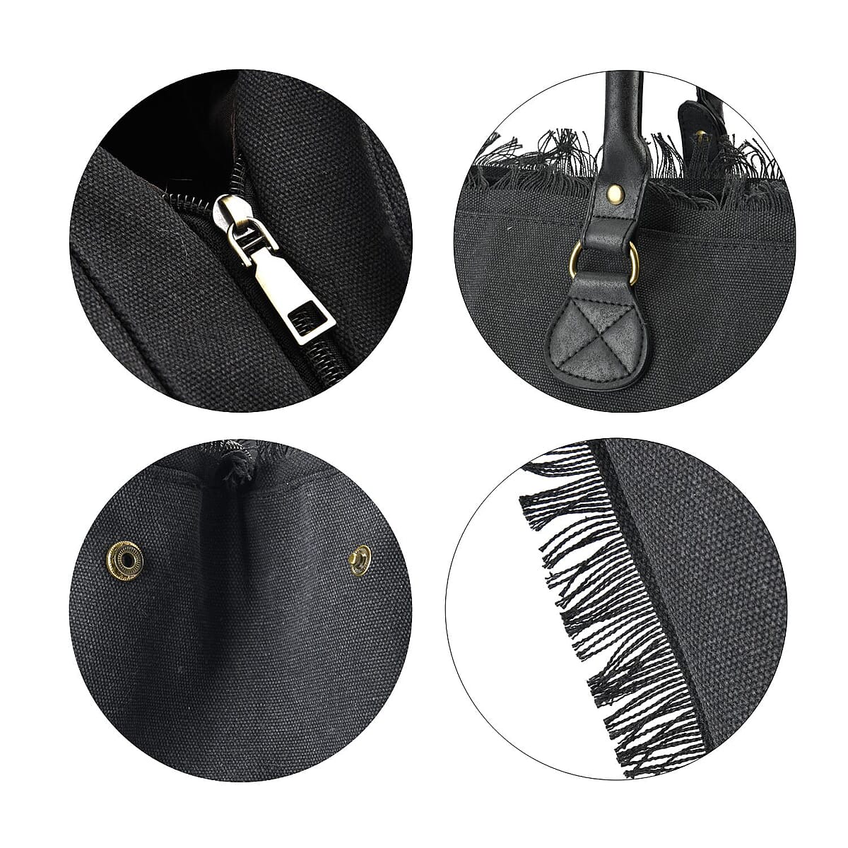 Black Color Canvas Tote Bag with Faux Leather Handle Strap image number 5