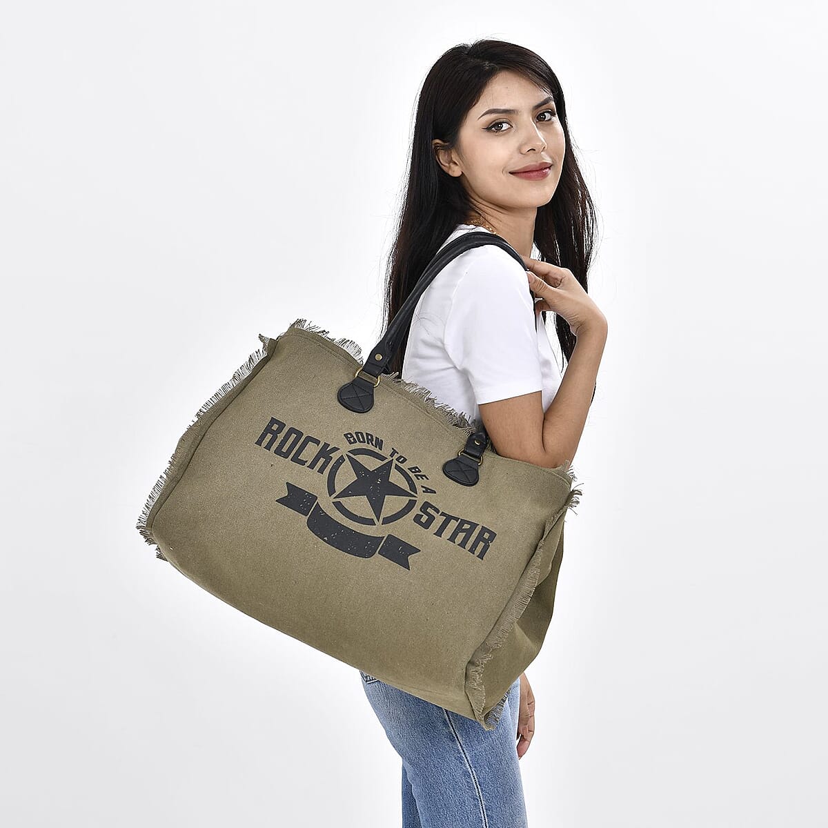 Green Color Canvas Tote Bag with Faux Leather Handle Strap image number 1