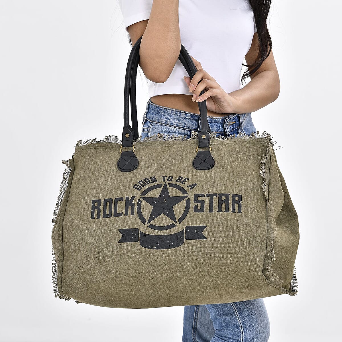 Green Color Canvas Tote Bag with Faux Leather Handle Strap image number 2