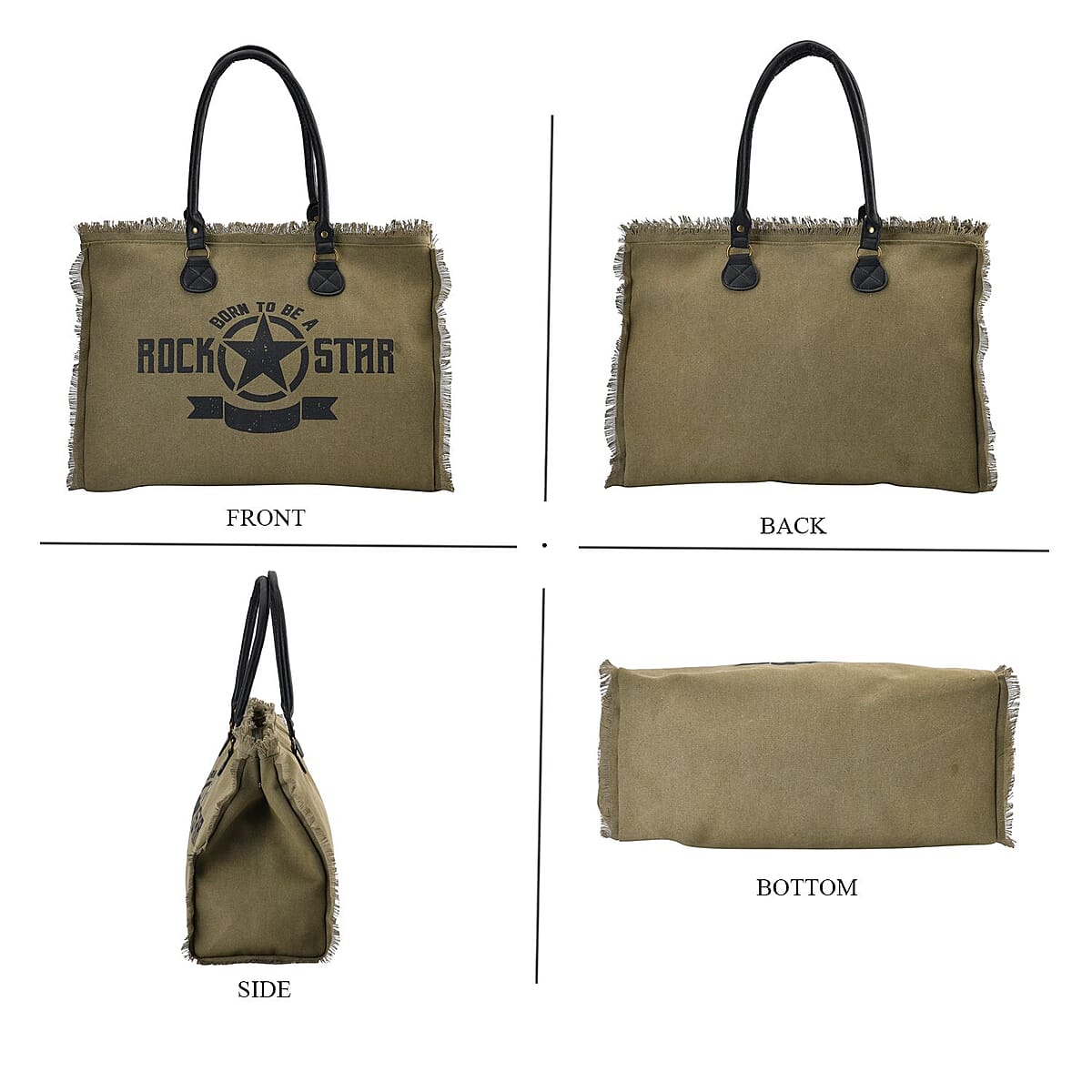 Green Color Canvas Tote Bag with Faux Leather Handle Strap image number 3