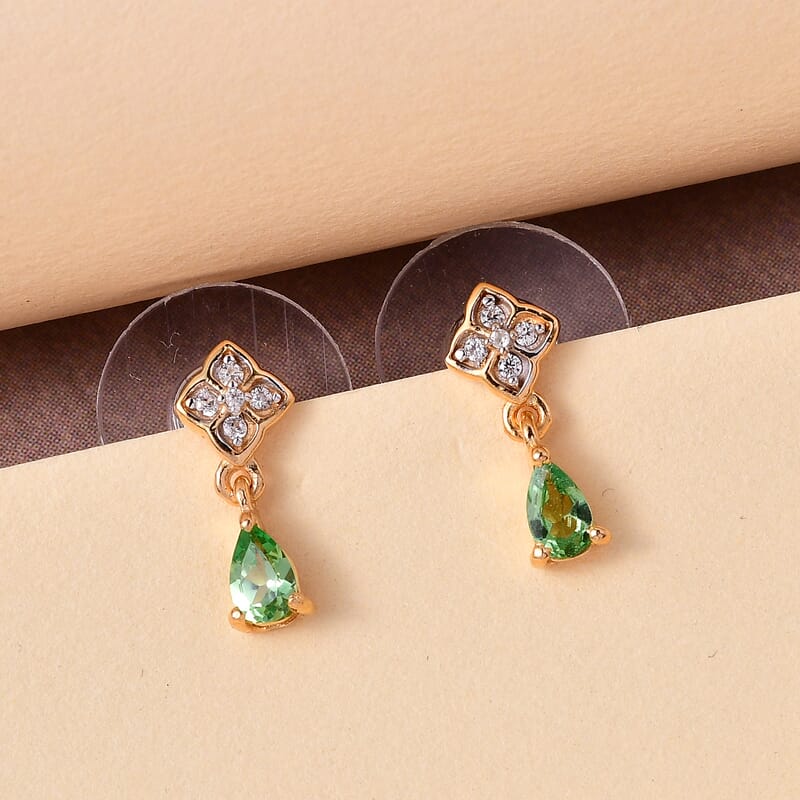 Premium Tsavorite Garnet and White Zircon Drop Earrings in Vermeil Yellow Gold Over Sterling Silver 0.50 ctw