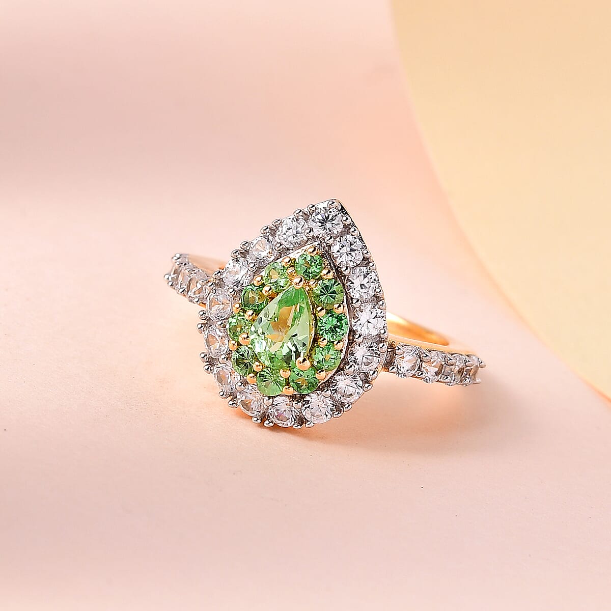 Premium Tsavorite Garnet and White Zircon Double Halo Ring in Vermeil Yellow Gold Over Sterling Silver (Size 10.0) 2.50 ctw image number 1