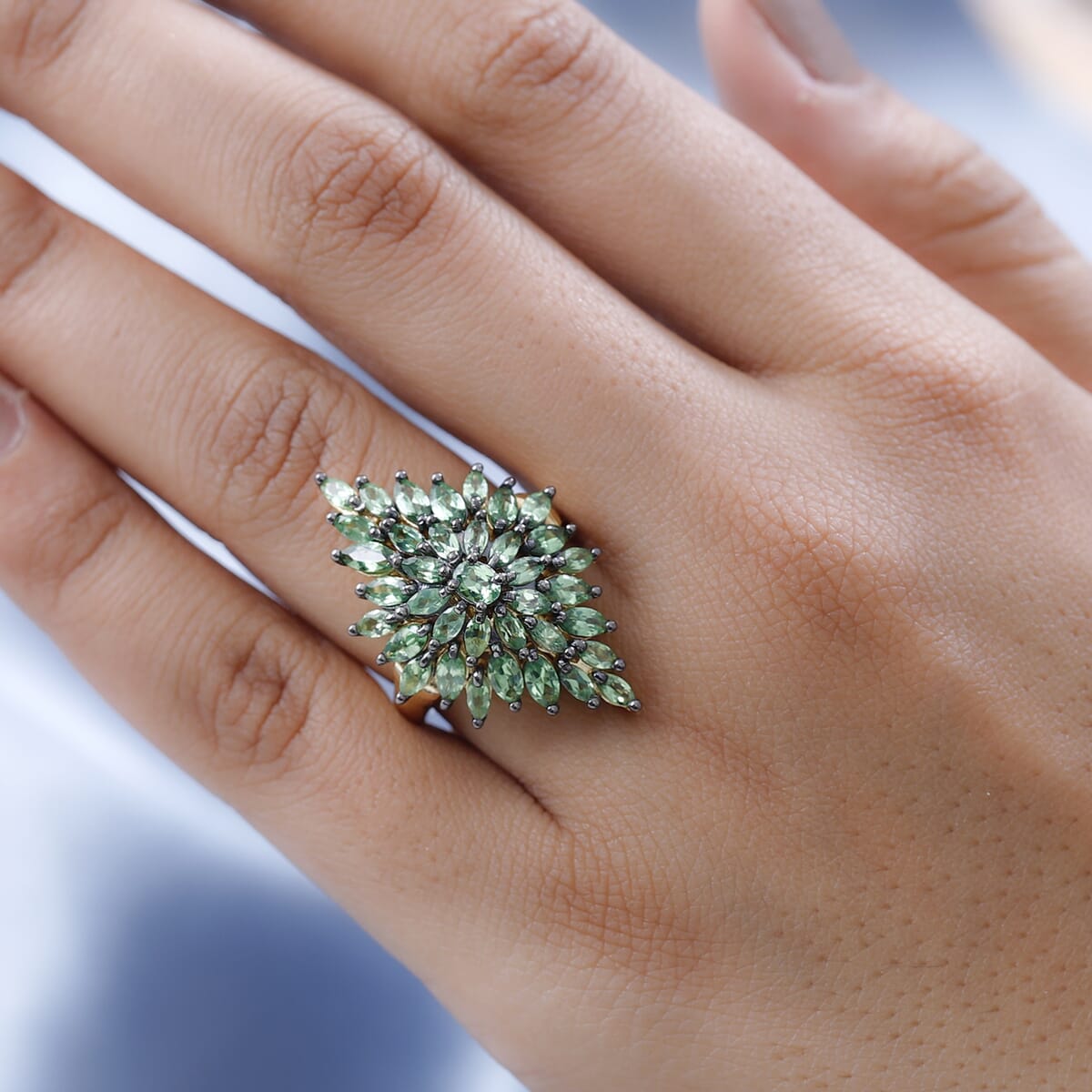 Premium Tsavorite Garnet Floral Spray Ring in Vermeil Yellow Gold Over Sterling Silver 3.75 ctw image number 2