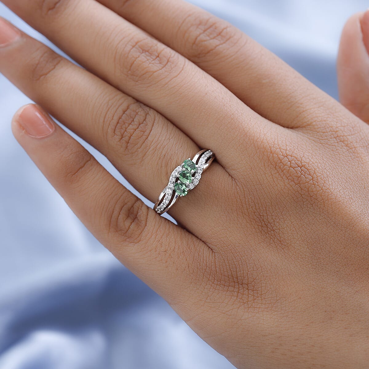 Premium Tsavorite Garnet and White Zircon Ring in Platinum Over Sterling Silver 0.85 ctw image number 2