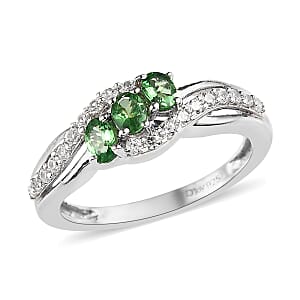 Premium Tsavorite Garnet and White Zircon Ring in Platinum Over Sterling Silver (Size 6.0) 0.85 ctw