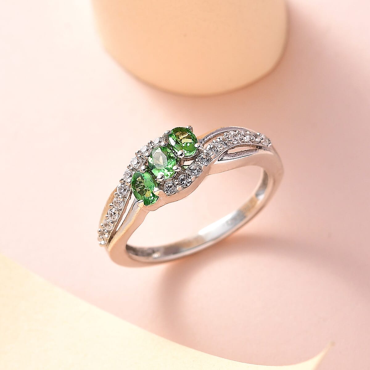 Premium Tsavorite Garnet and White Zircon Ring in Platinum Over Sterling Silver (Size 6.0) 0.85 ctw image number 1