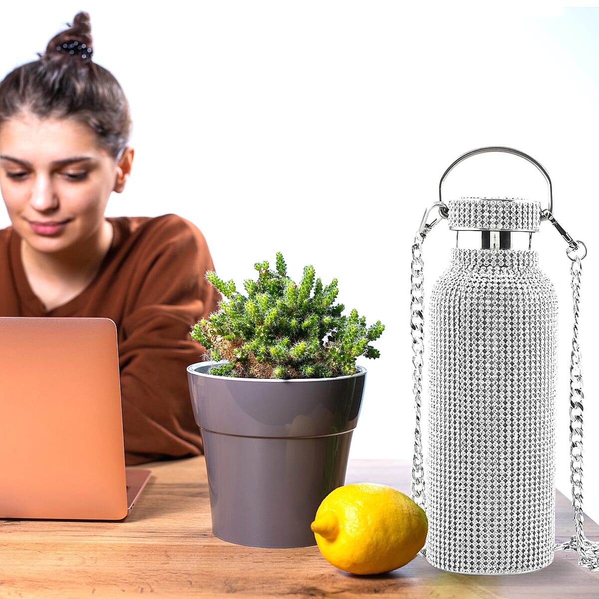 Silver Rhinestones Canteen Bottle 16oz image number 1