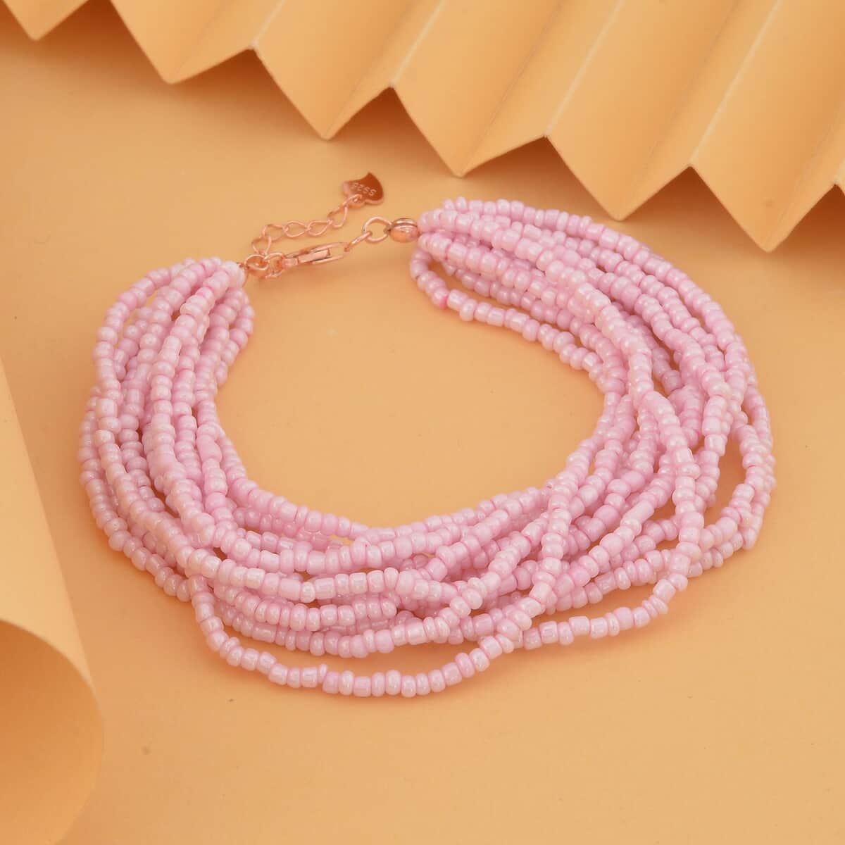 Pink Glass Seed Beaded Bracelet in 14K RG Over Sterling Silver (7.5-8.5In) image number 1