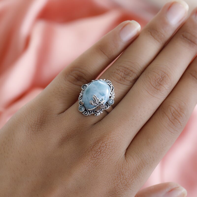 Artisan Crafted Larimar and Madagascar Paraiba Apatite Ring in Sterling Silver (Size 10.0) 10.65 ctw