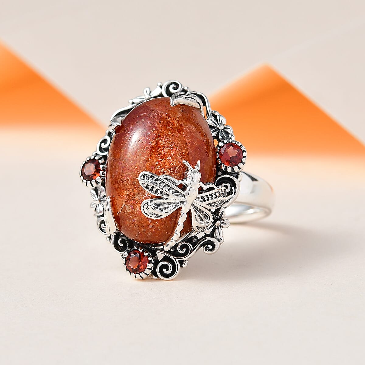 Artisan Crafted Sri Lankan Sunstone and Mozambique Garnet Dragonfly Ring in Sterling Silver (Size 10.0) 9.25 ctw image number 1