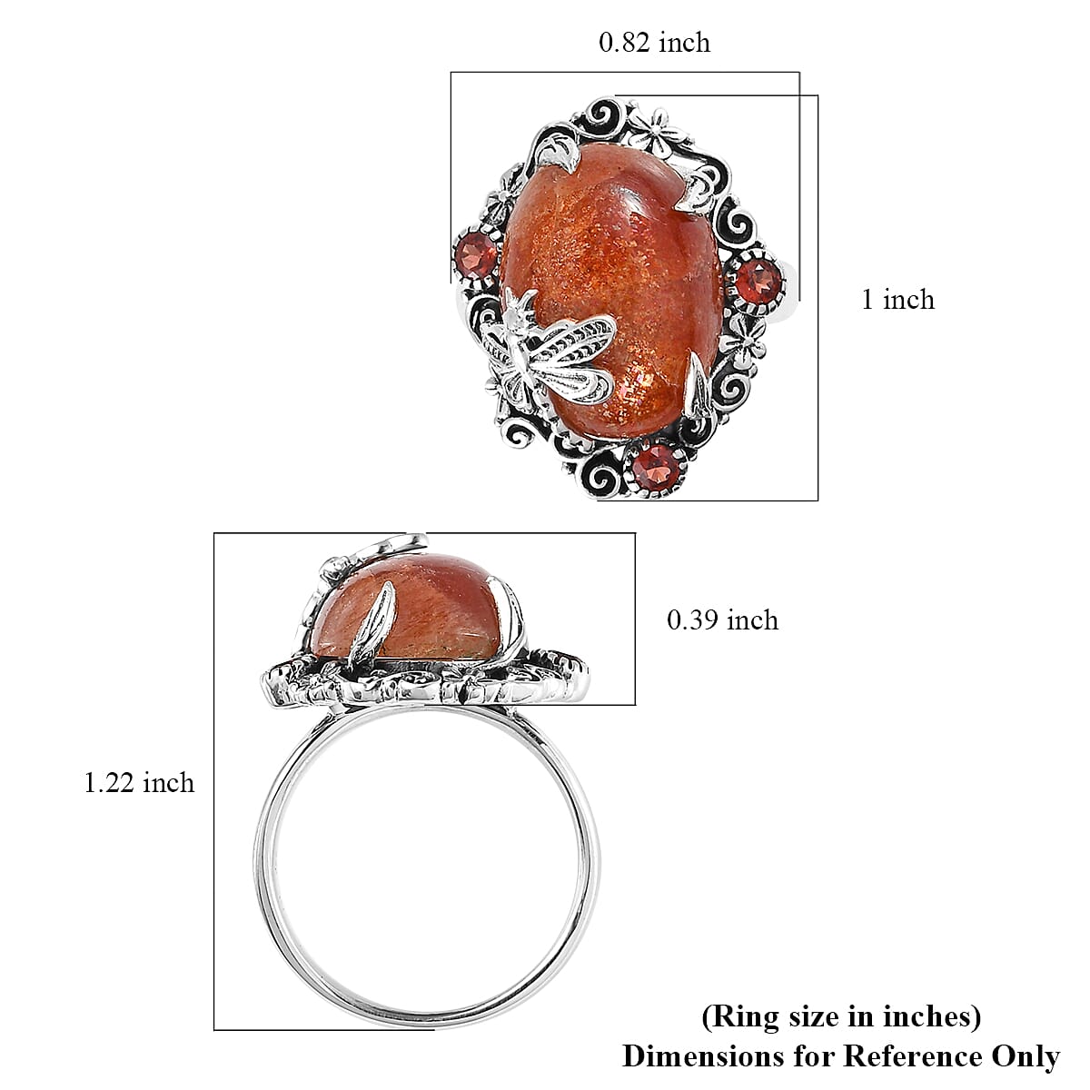 Artisan Crafted Sri Lankan Sunstone and Mozambique Garnet Dragonfly Ring in Sterling Silver (Size 10.0) 9.25 ctw image number 5