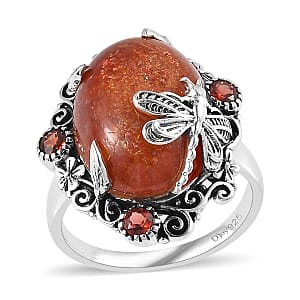 Artisan Crafted Sri Lankan Sunstone and Mozambique Garnet Dragonfly Ring in Sterling Silver (Size 7.0) 9.25 ctw