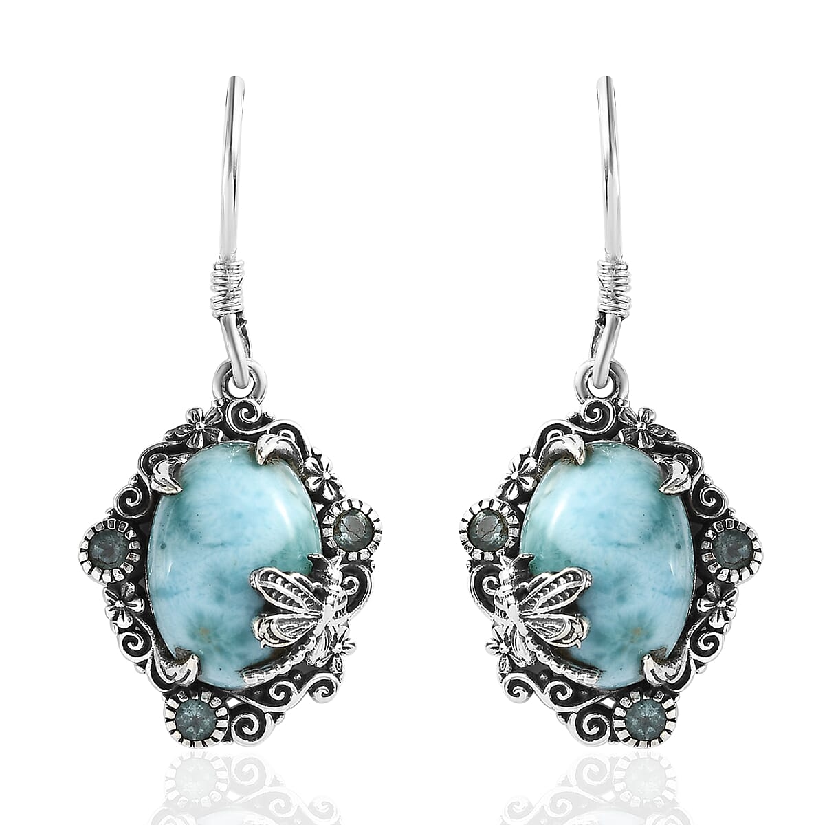 Artisan Crafted Larimar and Madagascar Paraiba Apatite Dragonfly Dangle Earrings in Sterling Silver 13.60 ctw