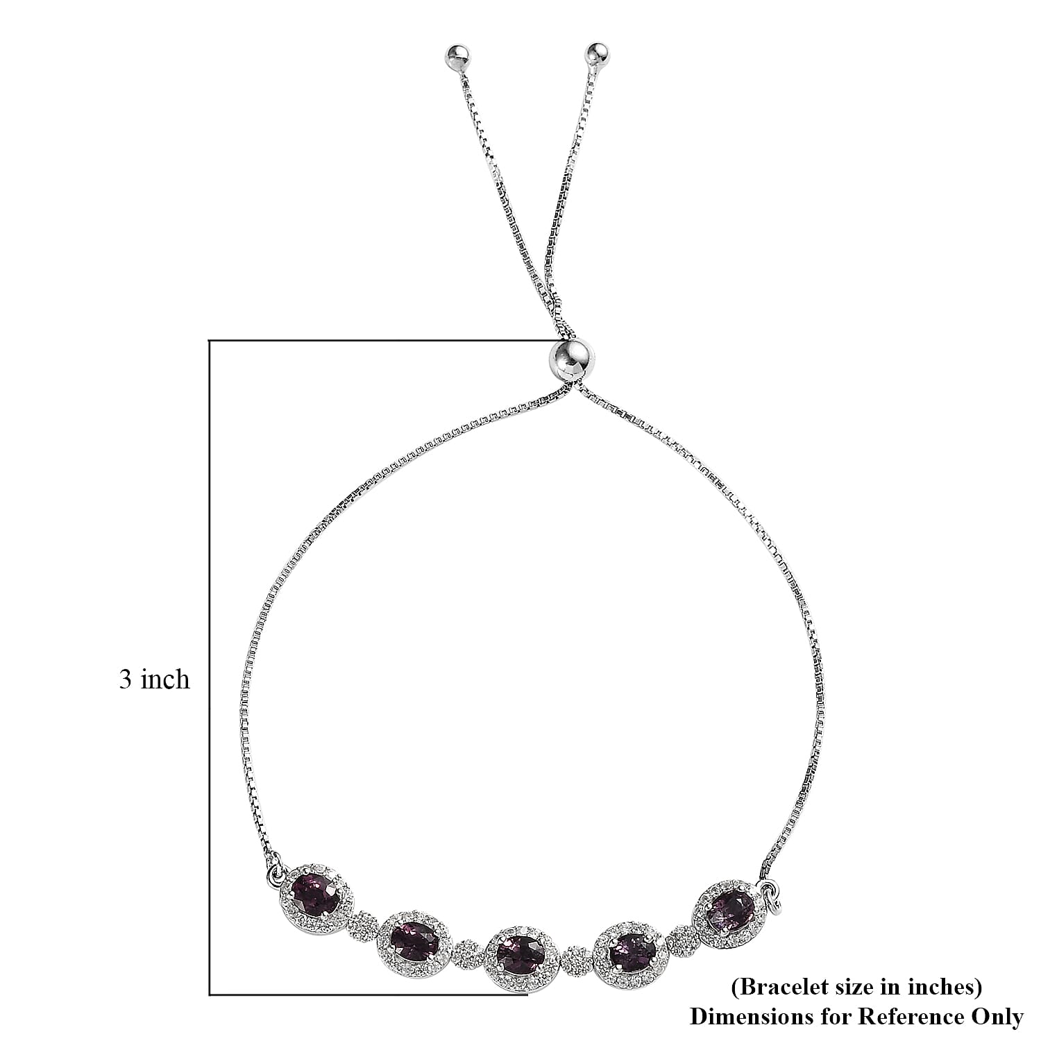 Tanzanian Lavender Spinel and White Zircon Bolo Bracelet in Platinum Over Sterling Silver (10.50 In) 3.15 ctw