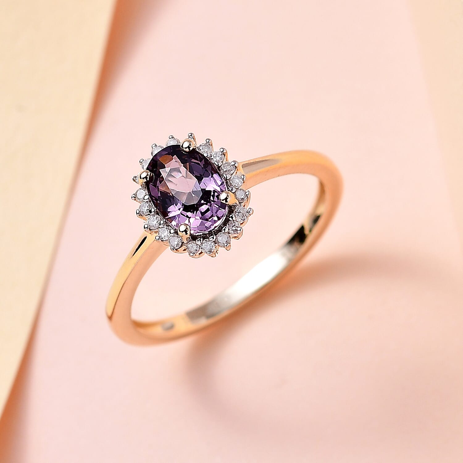 Luxoro 10K Yellow Gold Premium Tanzanian Lavender Spinel and Diamond Sunburst Ring (Size 10.0) 1.00 ctw