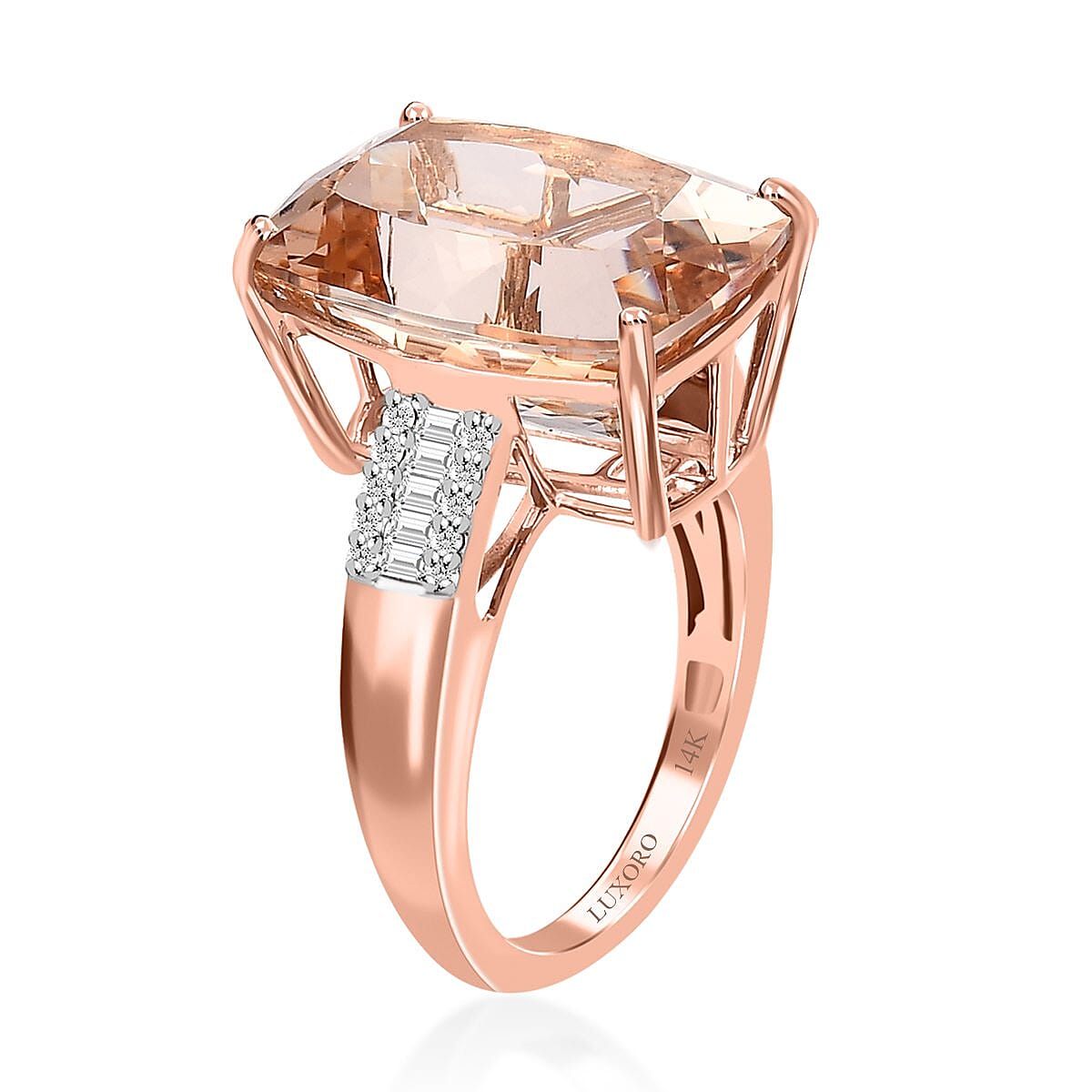 Luxoro 14K Rose Gold AAA Marropino Morganite and G-H I2 Diamond Ring (Size 7.0) 4.60 Grams 10.20 ctw image number 3