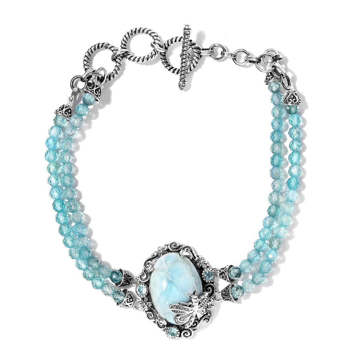 Artisan Crafted Larimar and Madagascar Paraiba Apatite Dragonfly Double-Row Toggle Clasp Bracelet in Sterling Silver (7.25 In) 48.60 ctw image number 0