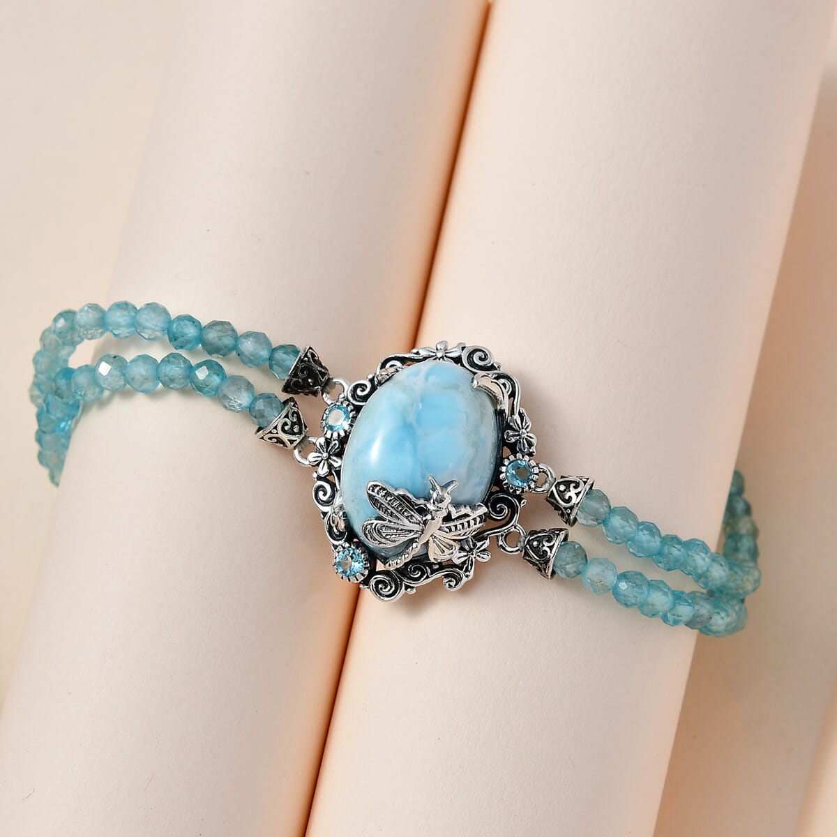 Artisan Crafted Larimar and Madagascar Paraiba Apatite Dragonfly Double-Row Toggle Clasp Bracelet in Sterling Silver (7.25 In) 48.60 ctw image number 1