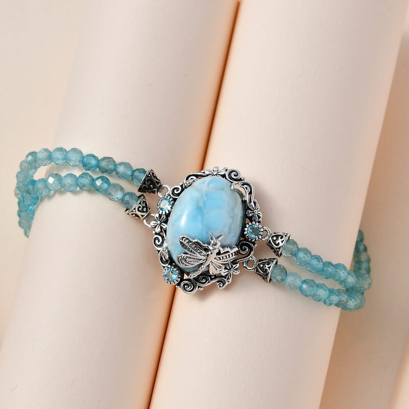 Artisan Crafted Larimar and Madagascar Paraiba Apatite Dragonfly Double-Row Toggle Clasp Bracelet in Sterling Silver (7.25 In) 48.60 ctw