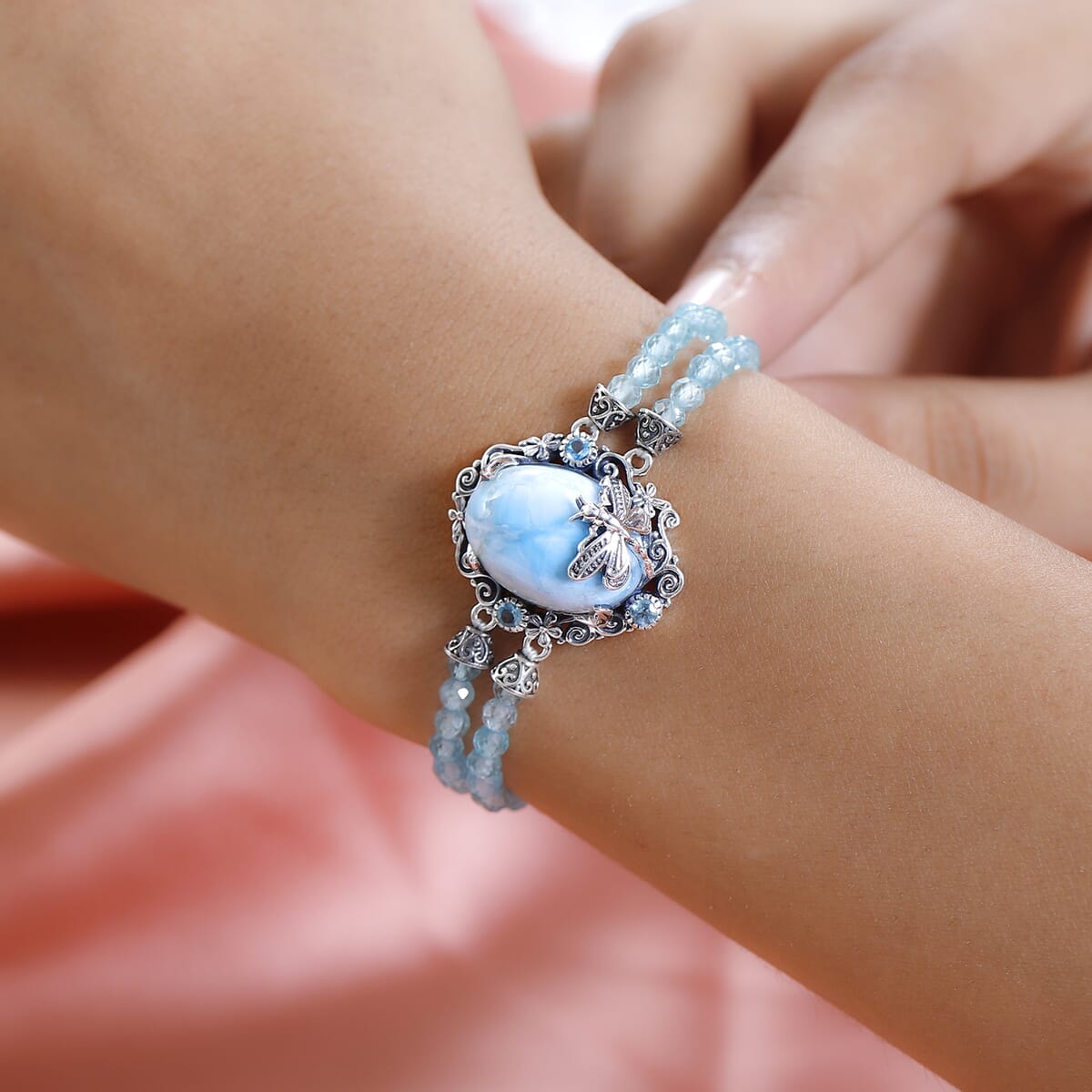 Artisan Crafted Larimar and Madagascar Paraiba Apatite Dragonfly Double-Row Toggle Clasp Bracelet in Sterling Silver (7.25 In) 48.60 ctw image number 2