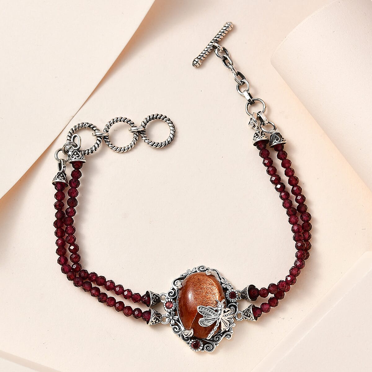 Artisan Crafted Sri Lankan Sunstone and Mozambique Garnet Dragonfly Double-Row Toggle Clasp Bracelet Sterling Silver (7.25 In) 46.90 ctw image number 1