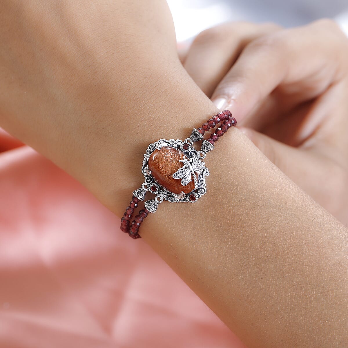 Artisan Crafted Sri Lankan Sunstone and Mozambique Garnet Dragonfly Double-Row Toggle Clasp Bracelet Sterling Silver (7.25 In) 46.90 ctw image number 2