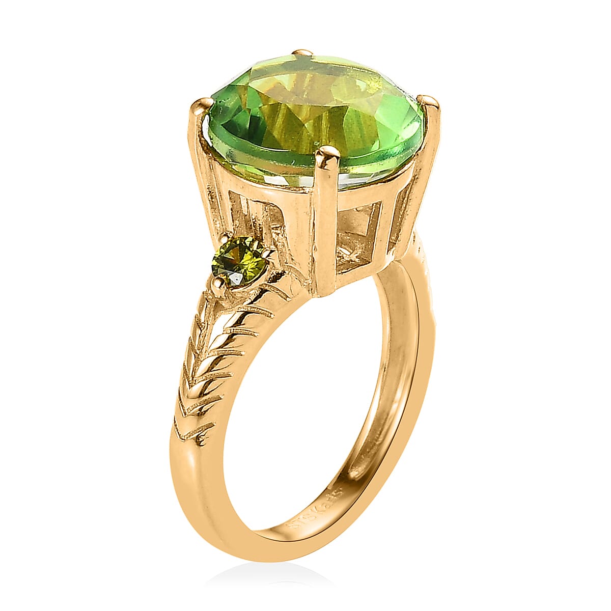 Karis Chartreuse Quartz (Triplet) and Simulated Green Diamond Ring in 18K Yellow Gold Plated (Size 5.0) 5.60 ctw image number 3