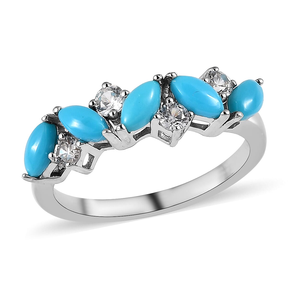 Premium Sleeping Beauty Turquoise and White Zircon 0.80 ctw Ring in Rhodium Over Sterling Silver (Size 6.0)