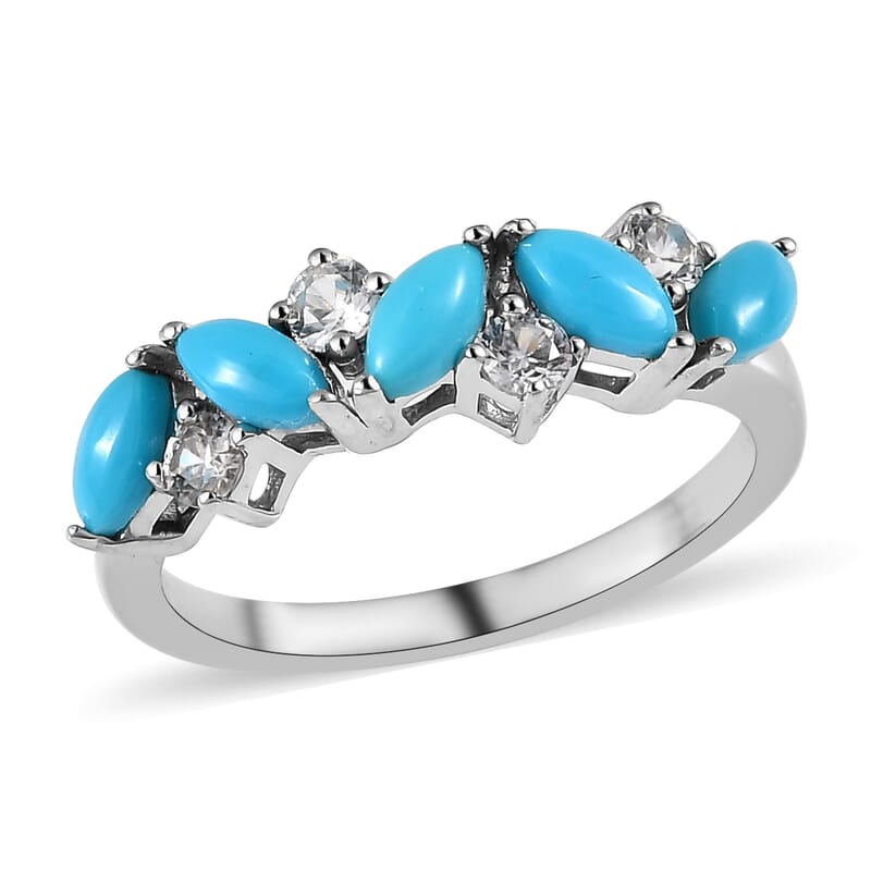 Premium Sleeping Beauty Turquoise and White Zircon 0.80 ctw Ring in Rhodium Over Sterling Silver (Size 6.0)