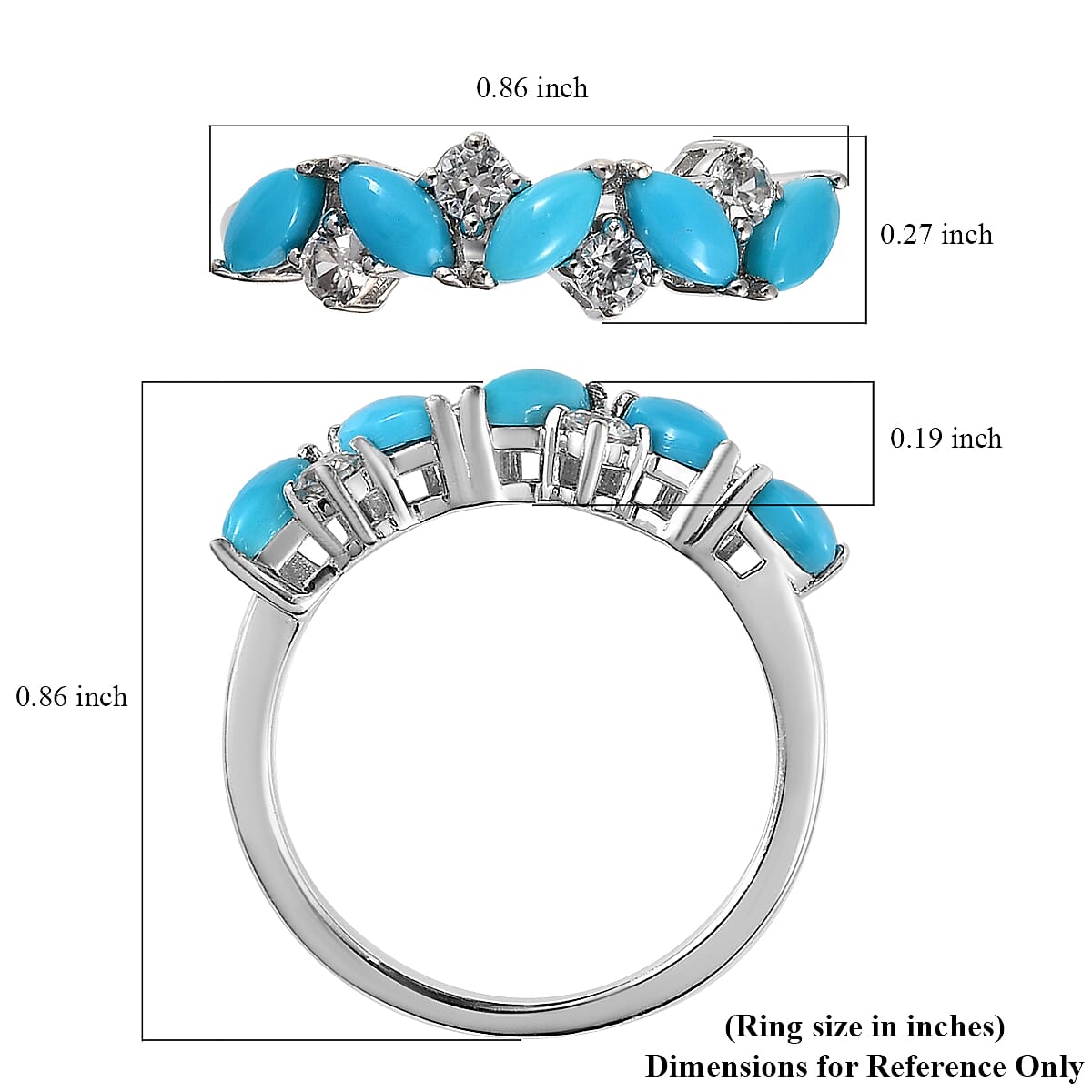 Premium Sleeping Beauty Turquoise and White Zircon 0.80 ctw Ring in Rhodium Over Sterling Silver (Size 7.0)